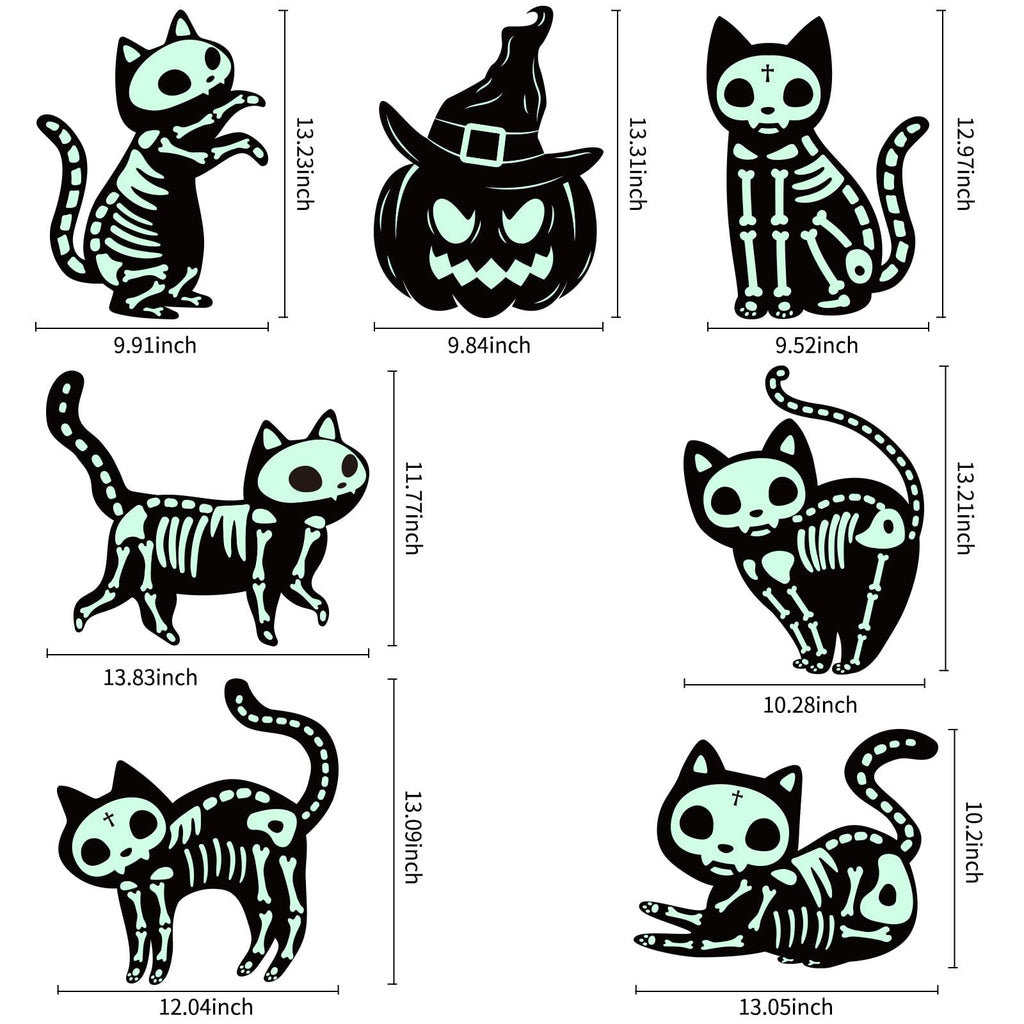 Seven Halloween-themed glow-in-the-dark yard signs featuring skeleton cats and a pumpkin, with dimensions indicated.