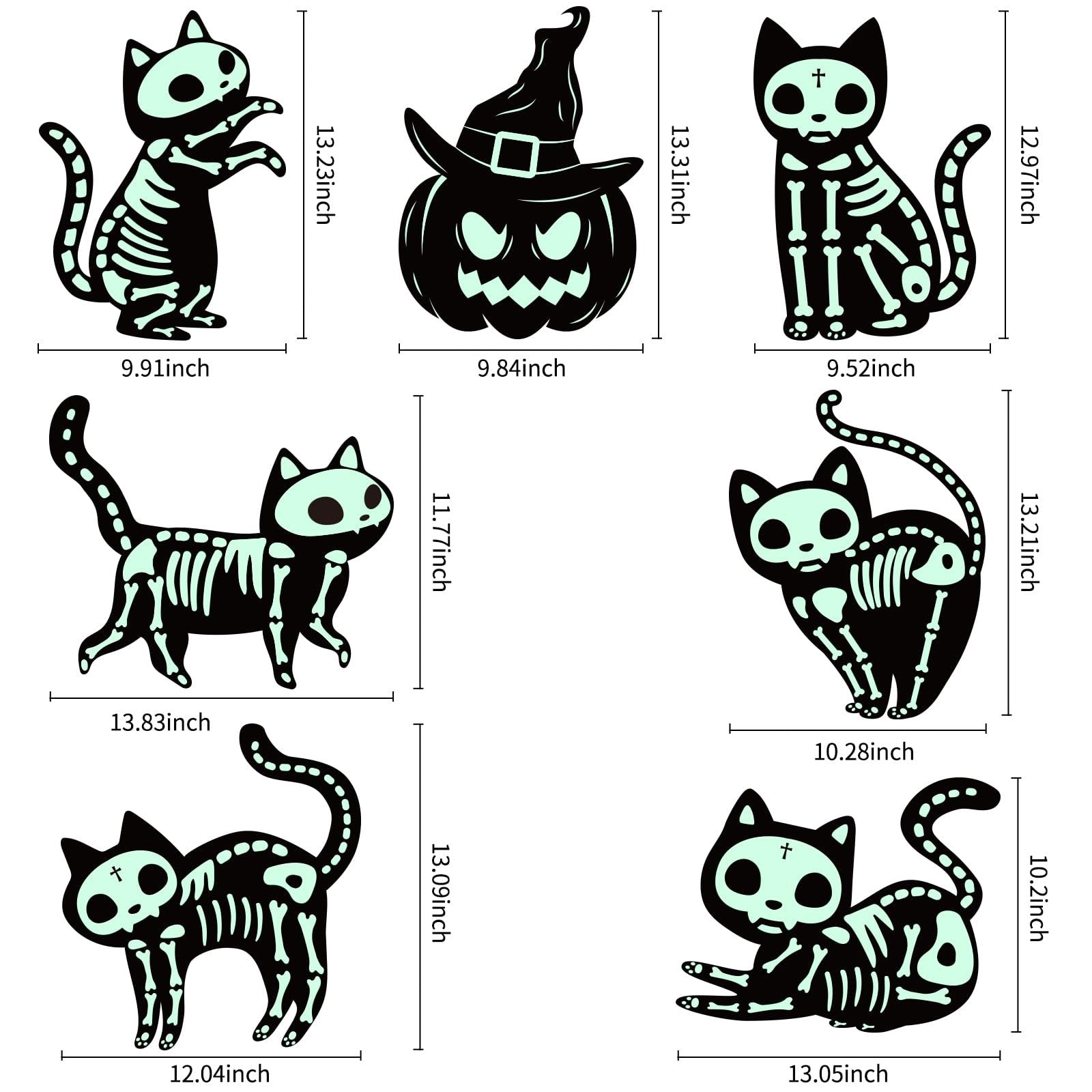 Seven Halloween-themed glow-in-the-dark yard signs featuring skeleton cats and a pumpkin, with dimensions indicated.