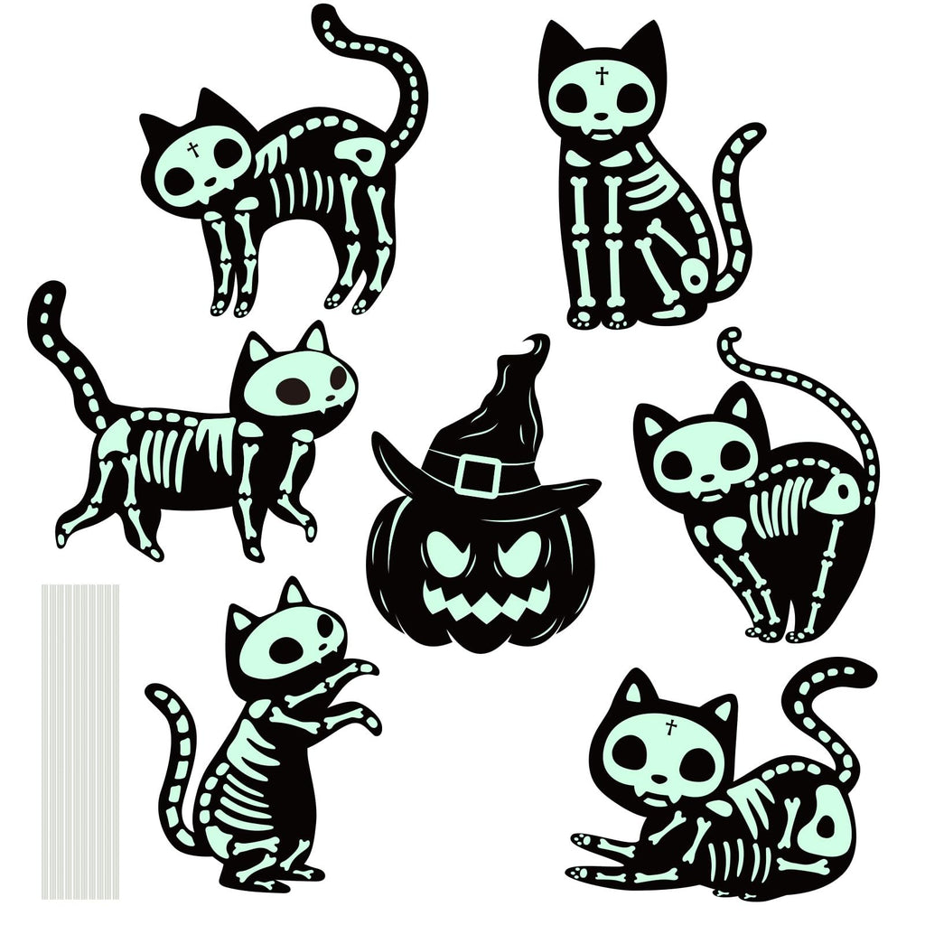 Glow-in-the-dark Halloween skeleton cat and pumpkin yard signs on white background