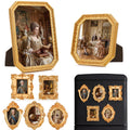 Collage of vintage resin picture frames in antique gold, showing various ornate styles and contents including portraits and scenes.