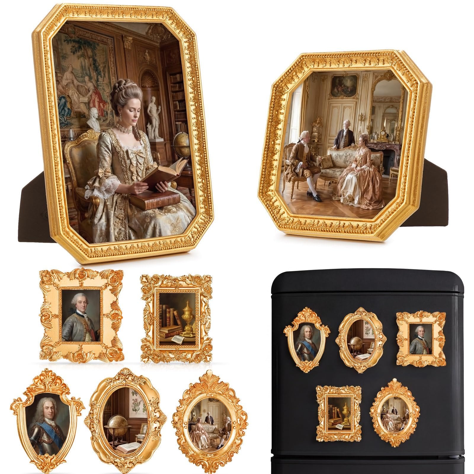 Collage of vintage resin picture frames in antique gold, showing various ornate styles and contents including portraits and scenes.