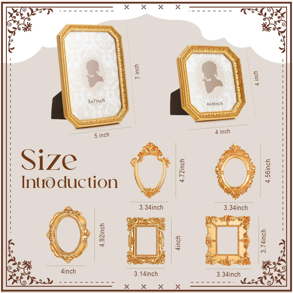 Set of seven vintage gold resin picture frames with ornate baroque detailing, showing various shapes and sizes with dimensions labeled.