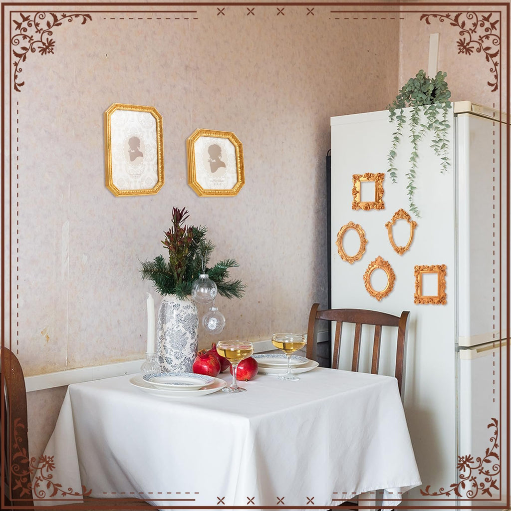 Set of vintage resin picture frames displayed on a wall and refrigerator, with a table setting in the foreground.