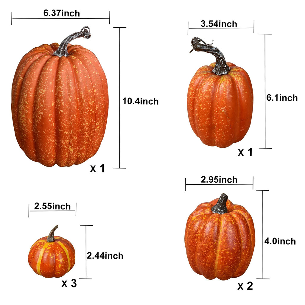 Set of artificial pumpkins with dimensions and quantities indicated. Includes one large pumpkin, one medium, three small, and two medium-small pumpkins.