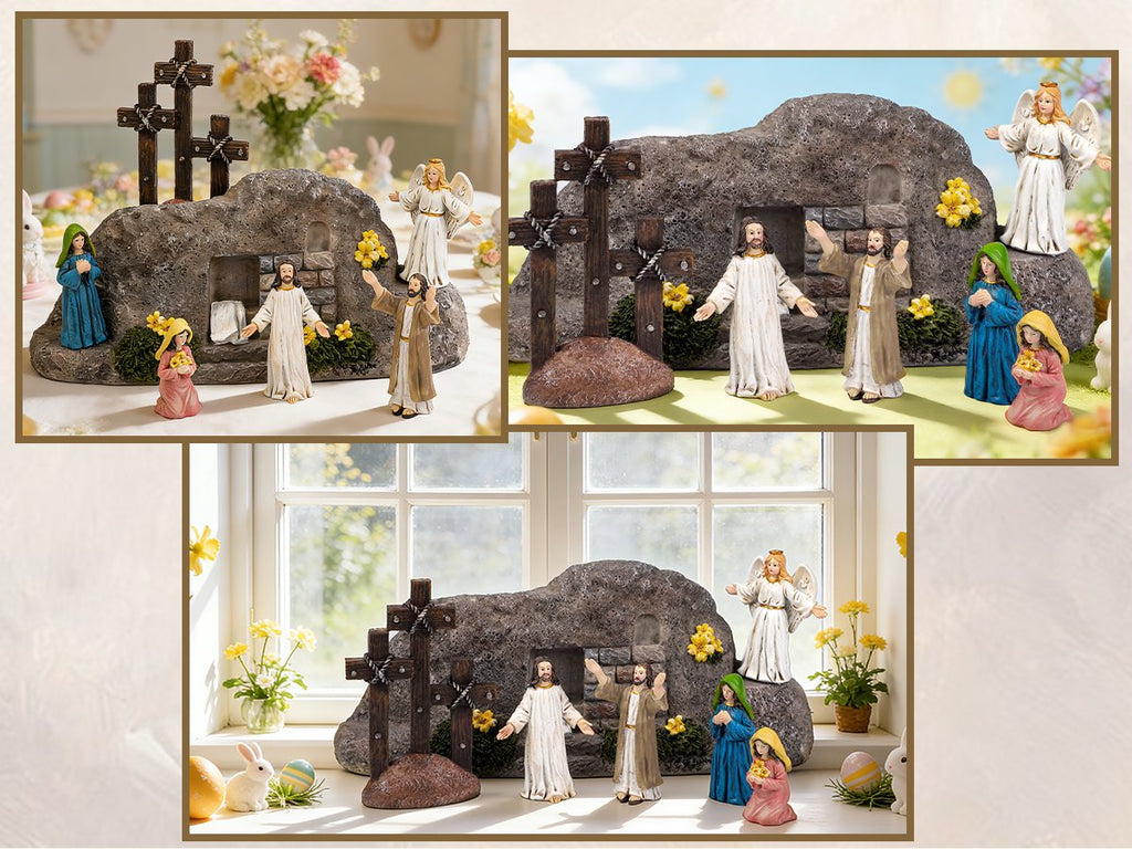 Easter Resurrection Scene tabletop decor with crosses, Jesus figurines, angel, and women near a tomb.