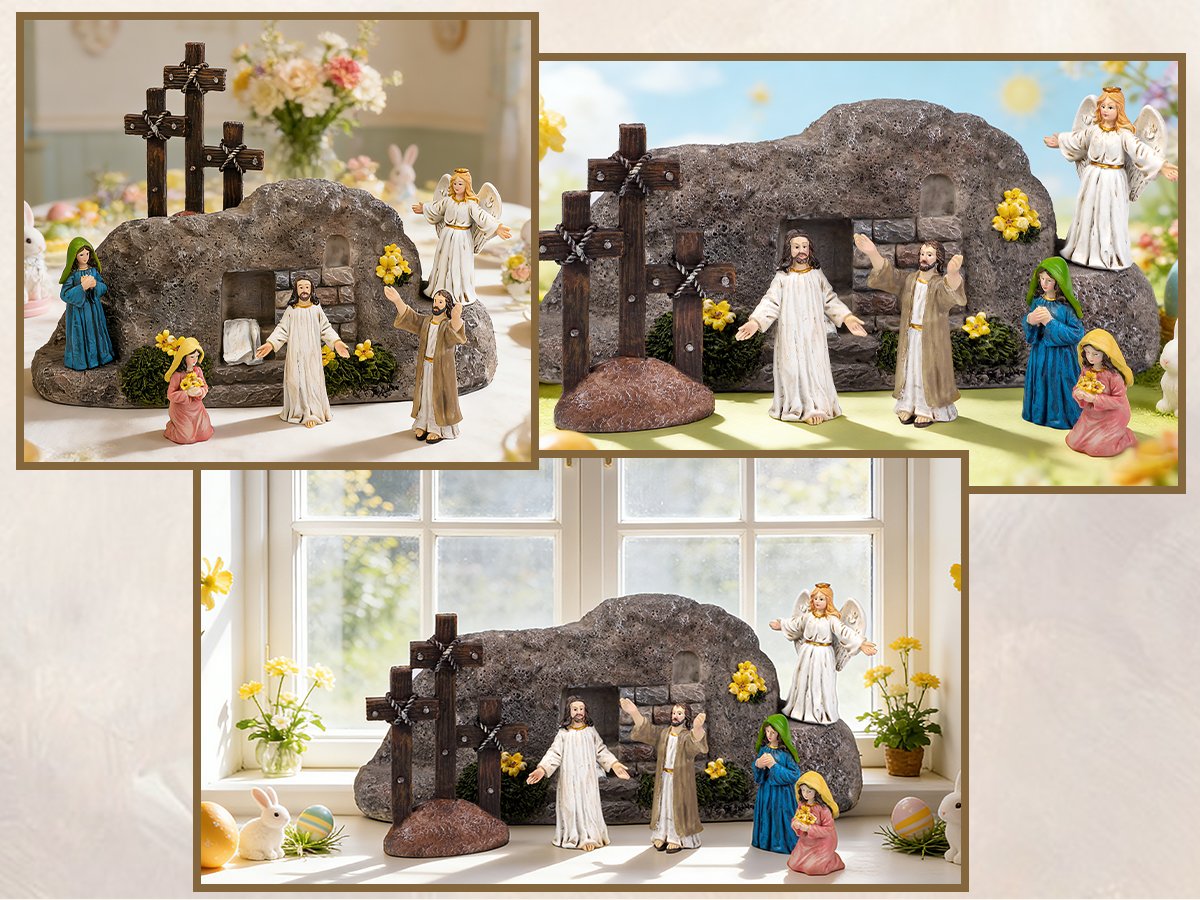 Easter Resurrection Scene tabletop decor with crosses, Jesus figurines, angel, and women near a tomb.