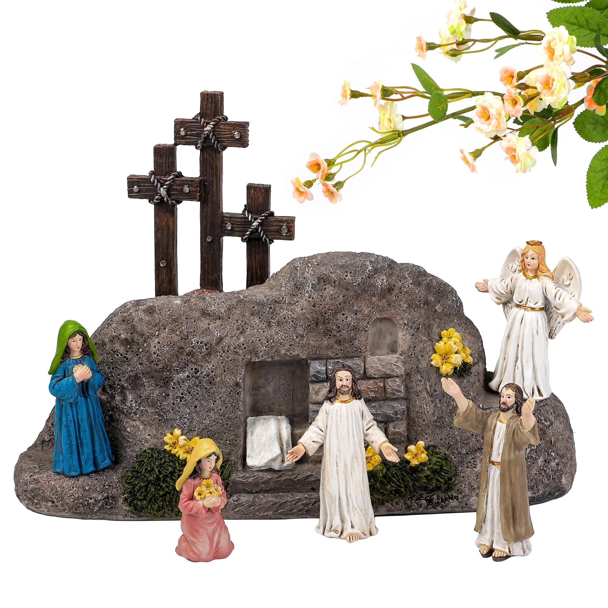 Easter Resurrection Scene tabletop decor with three crosses, tomb, Jesus, angel, and two women with flowers.