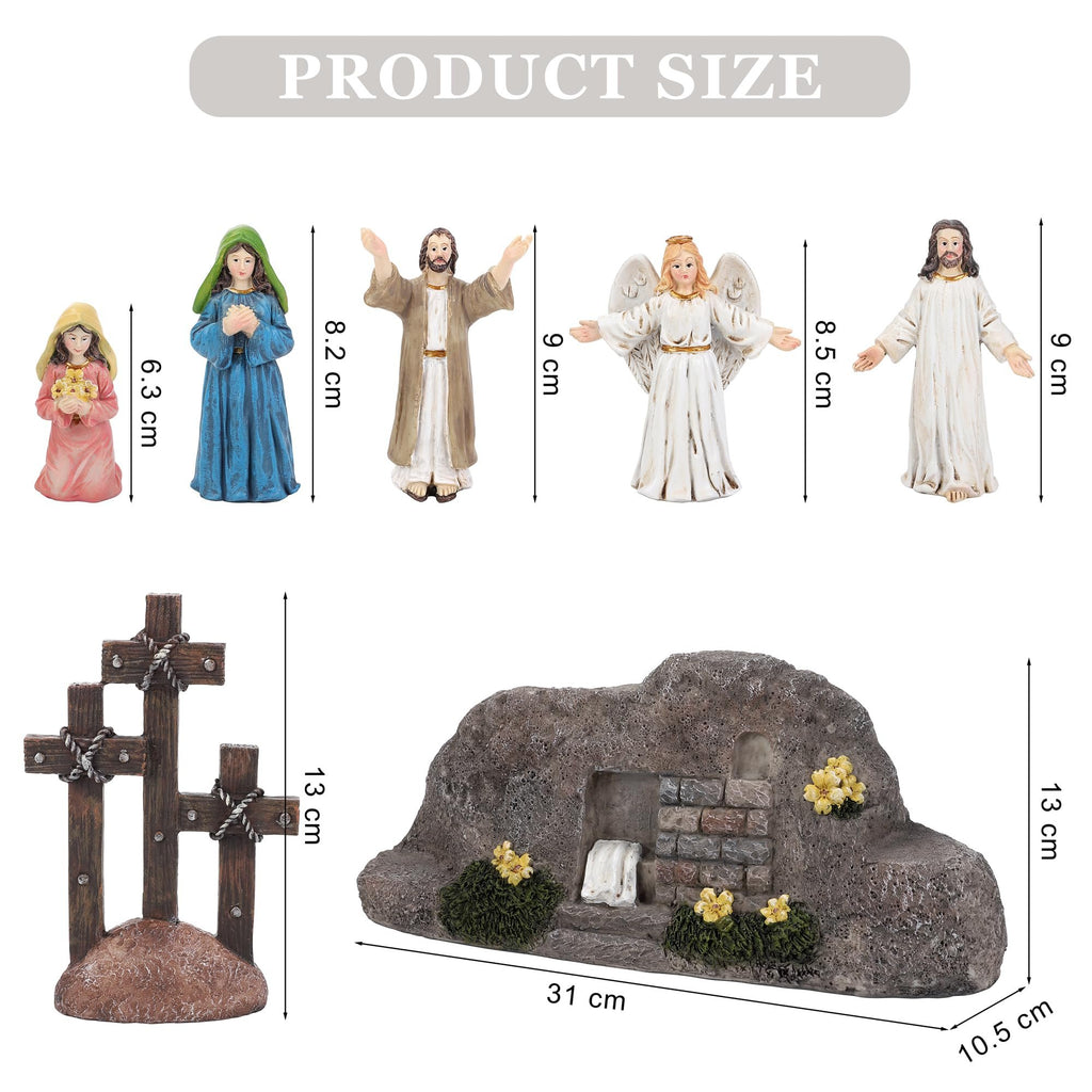 Easter Resurrection Scene decor set with figurines of Jesus, an angel, and Mary, plus a three-cross stand and tomb. Includes size indicators.