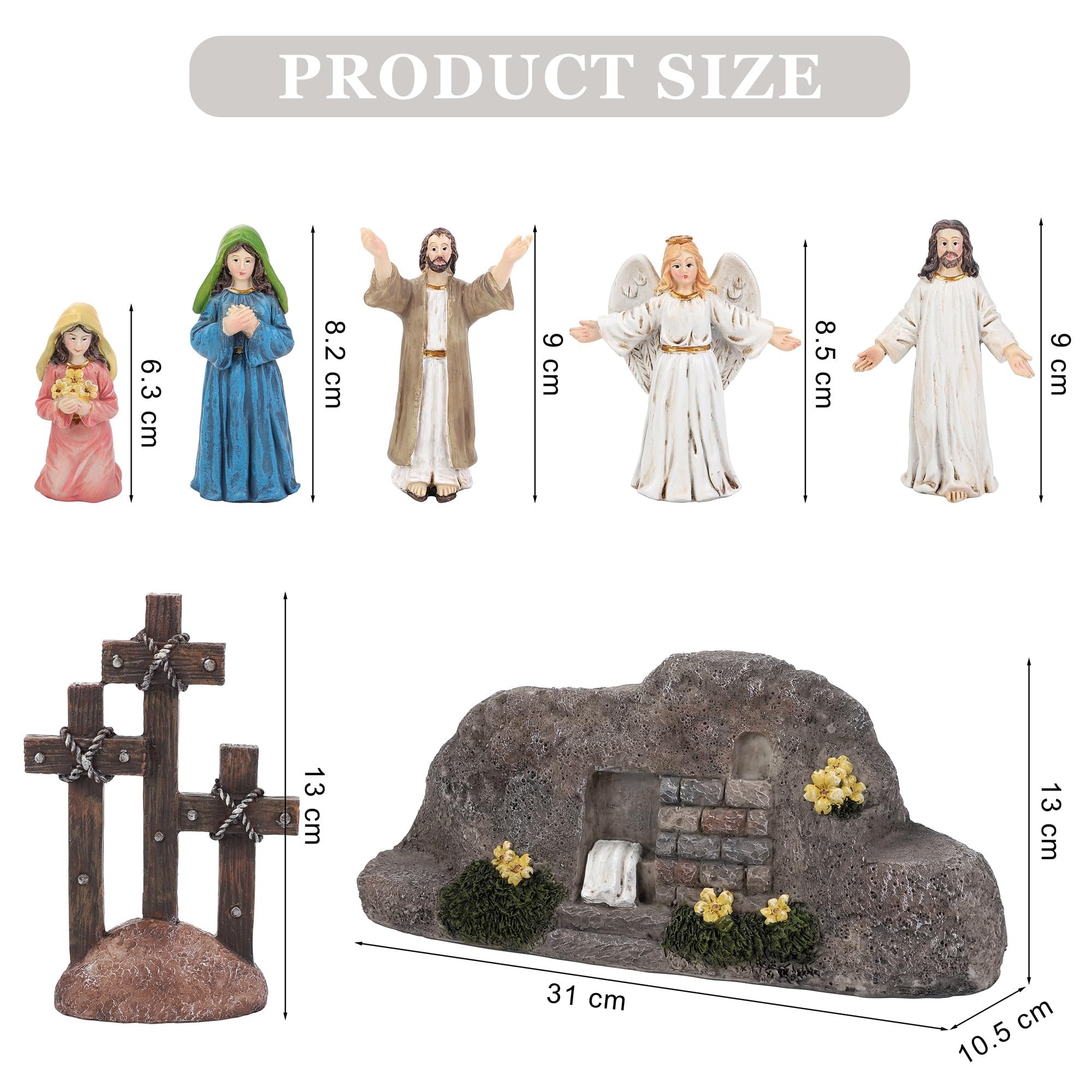 Easter Resurrection Scene decor set with figurines of Jesus, an angel, and Mary, plus a three-cross stand and tomb. Includes size indicators.