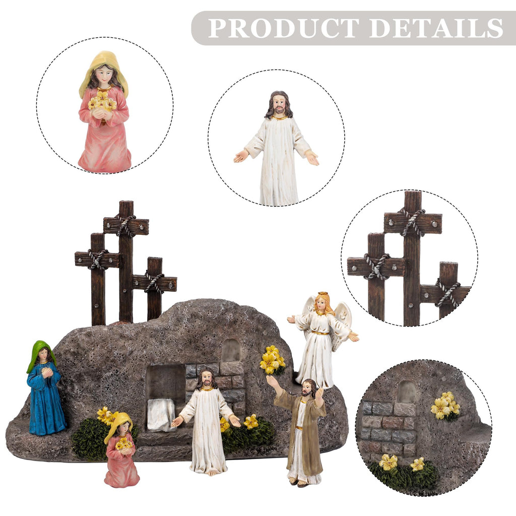 Easter Resurrection Scene decor with Jesus, angel, women, tomb, and crosses. Close-ups show figurines and tomb details.