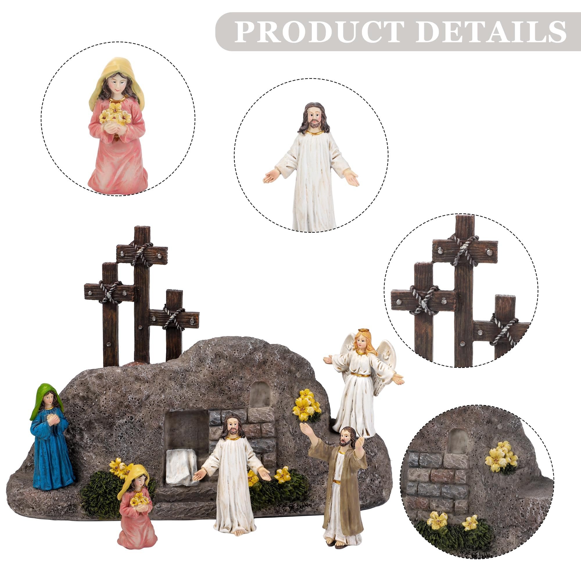 Easter Resurrection Scene decor with Jesus, angel, women, tomb, and crosses. Close-ups show figurines and tomb details.