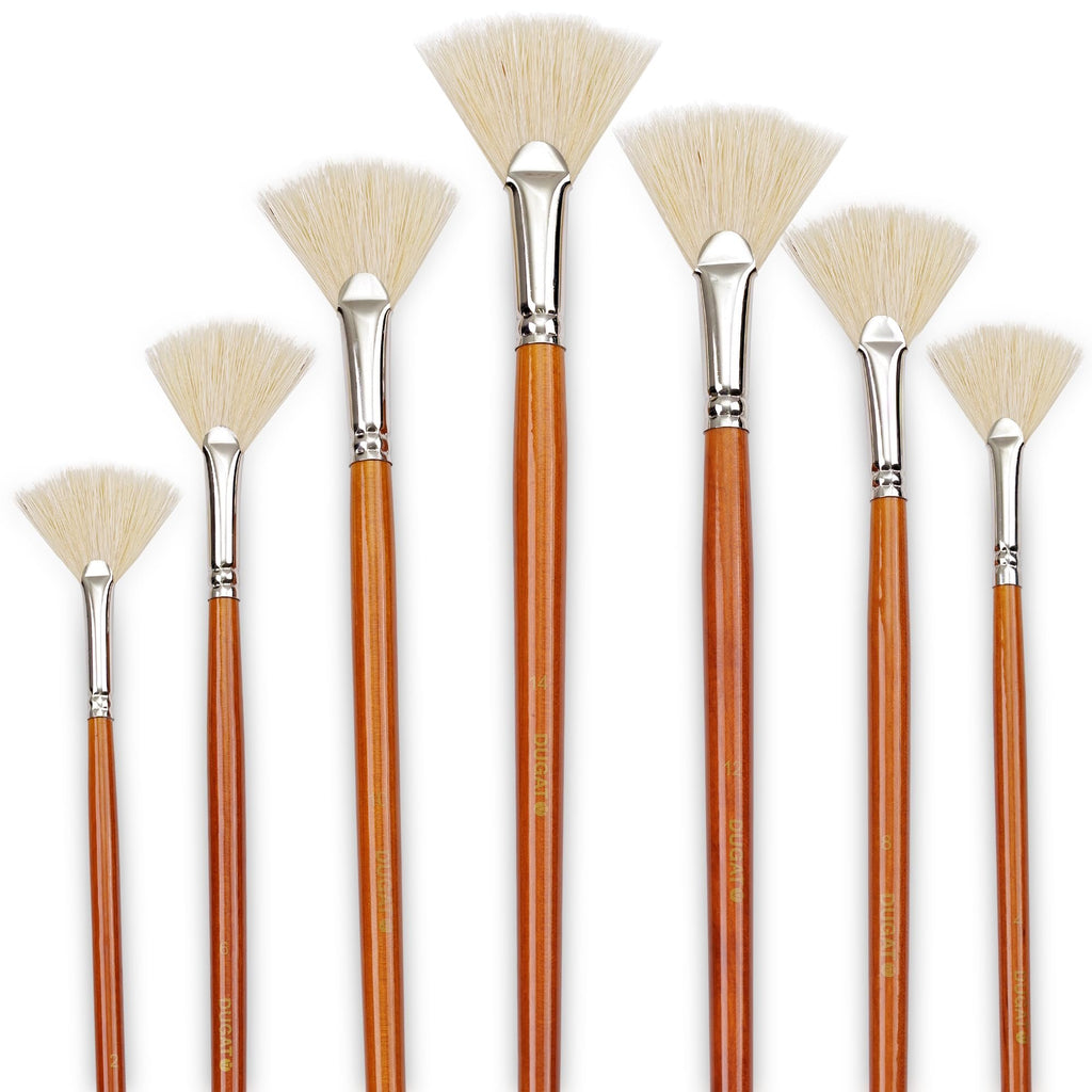 Seven fan paint brushes with natural white hog bristle hair and long birch wood handles arranged in a fan shape on a white background.