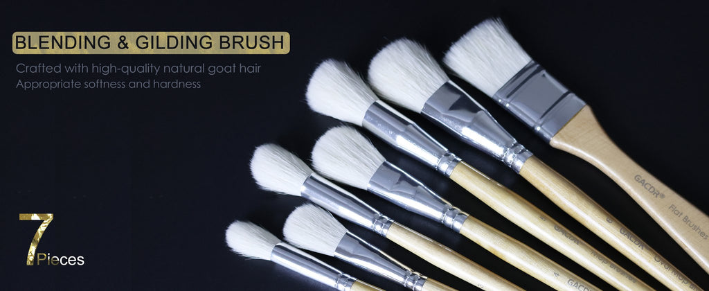 Seven goat hair gilding brushes with birch wood handles arranged diagonally on a black background.