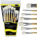 Seven goat hair mop brushes with birch wood handles, displayed in packaging and individually on white background.