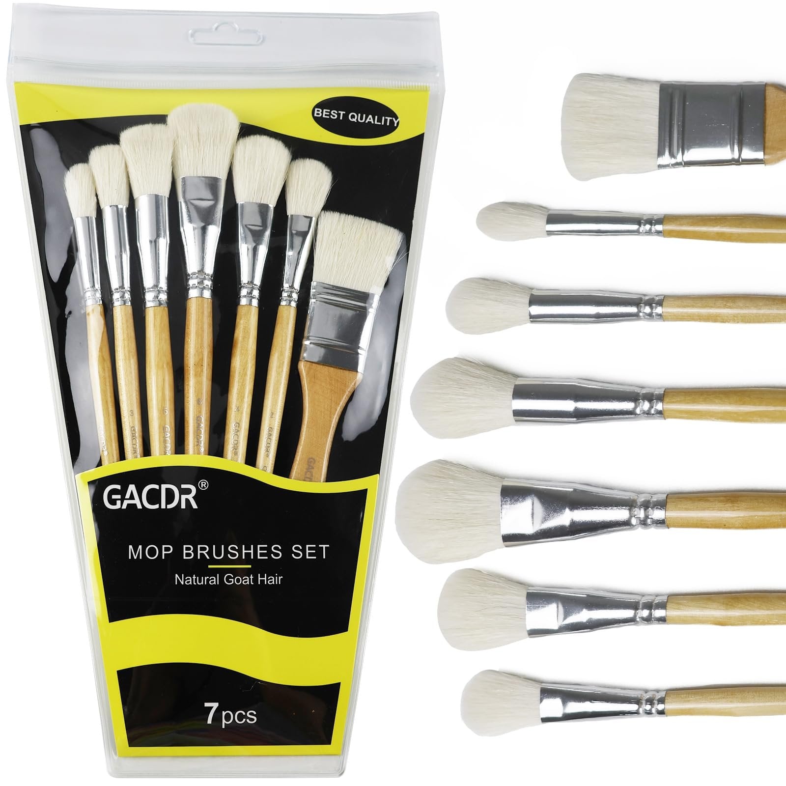 Seven goat hair mop brushes with birch wood handles, displayed in packaging and individually on white background.