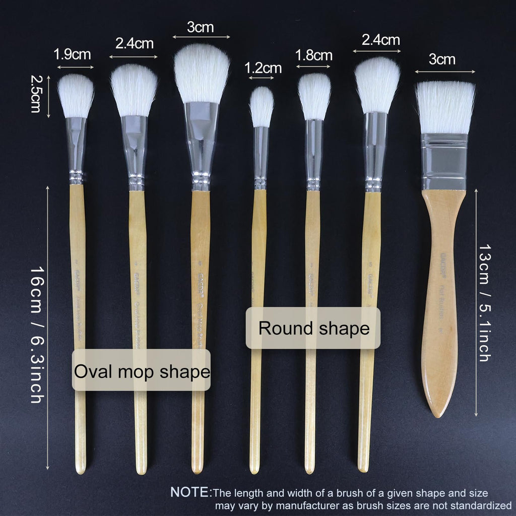 Seven goat hair gilding brushes with birch wood handles, showing dimensions and shapes.