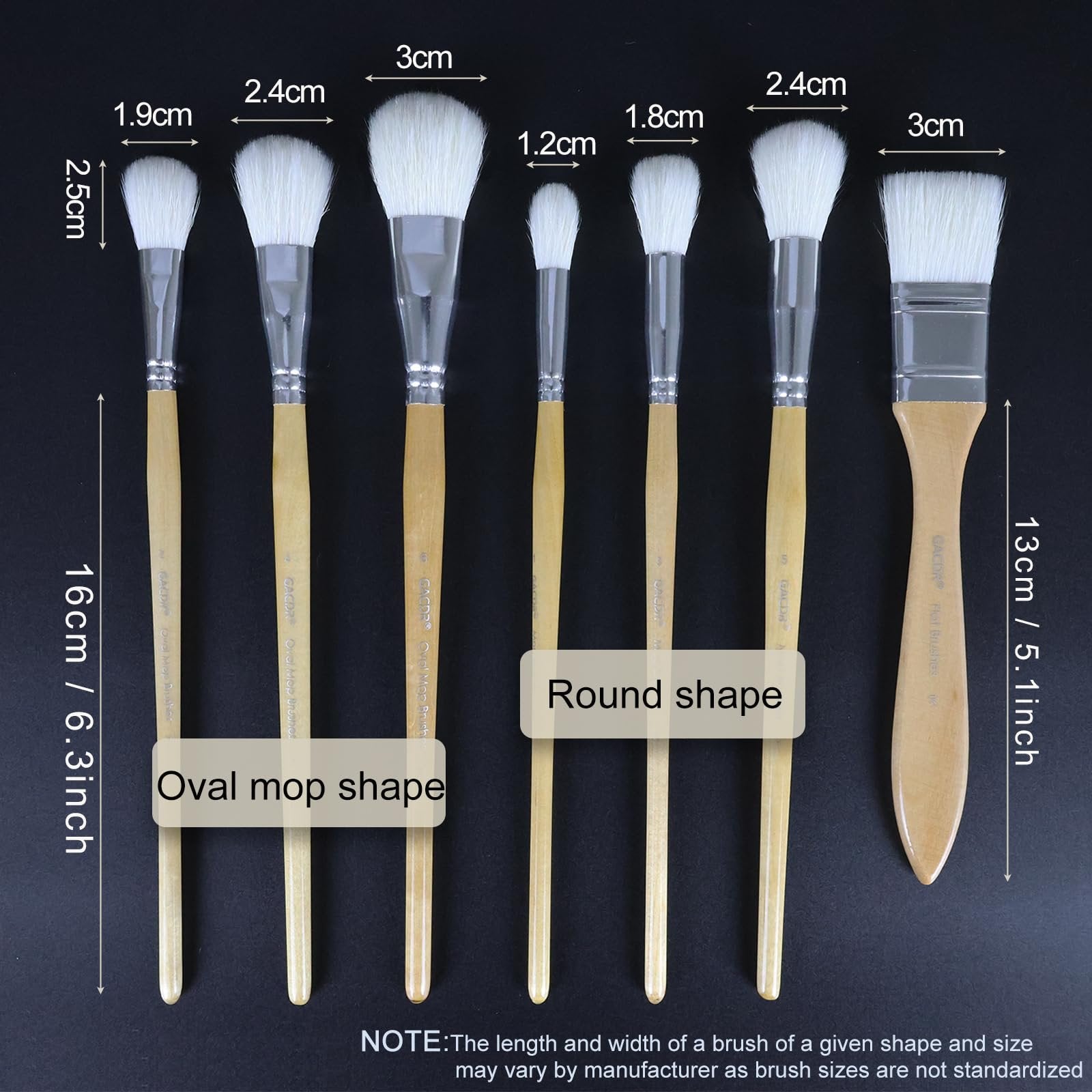 Seven goat hair gilding brushes with birch wood handles, showing dimensions and shapes.