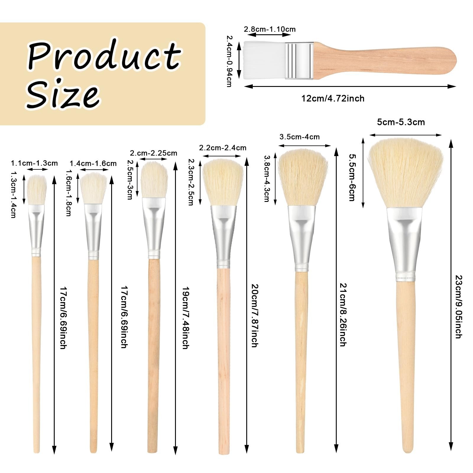 Set of seven goat hair brushes with wooden handles, showing dimensions and sizes. One flat brush and six round brushes are displayed.