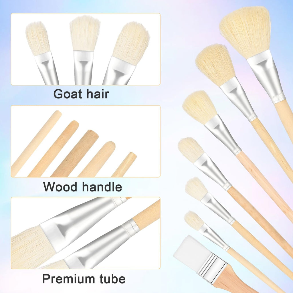 Set of seven goat hair paint brushes with wooden handles, shown from multiple angles and close-ups of bristles, handles, and ferrules.