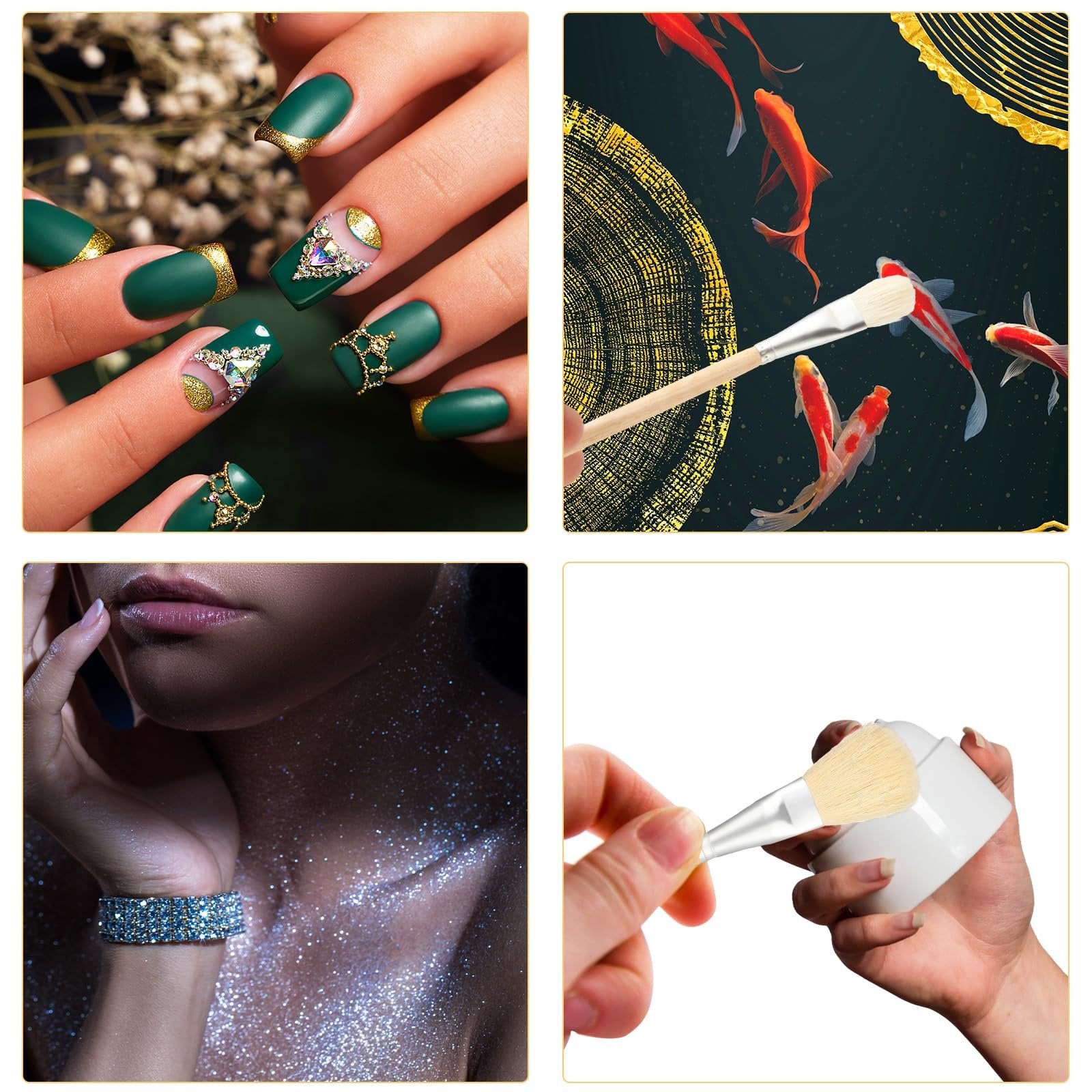 Collage of four images: decorated fingernails, paintbrush near koi fish, glitter-covered shoulder and bracelet, and a hand holding a brush near a white container.