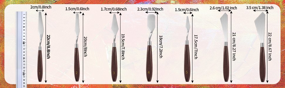 Seven palette knives with stainless steel blades and wood handles, each with dimensions and numbering indicated.