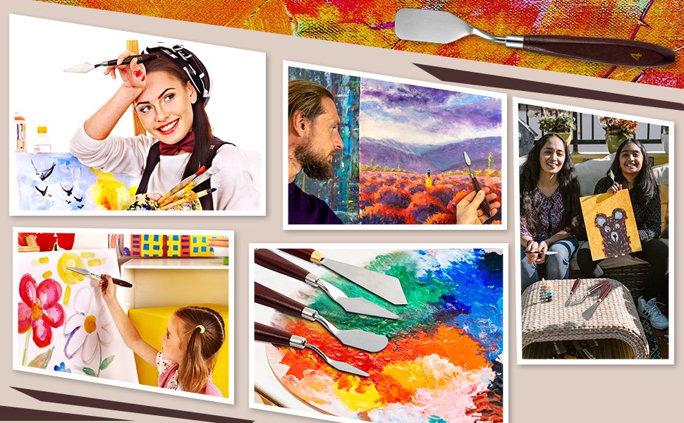 Collage of artists using palette knives and colorful paintings, including a woman painting, a man with a landscape, a child painting flowers, and two women with artwork.