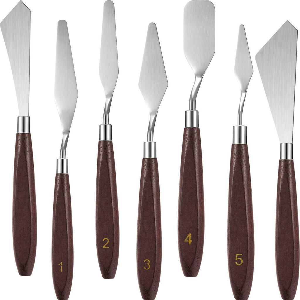 Seven palette knives with stainless steel blades and dark wood handles, numbered 1 through 5, displayed against a white background.