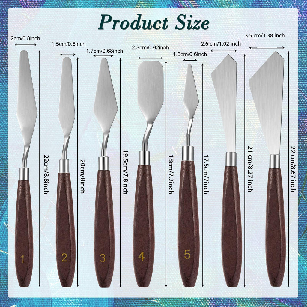 Seven palette knives with stainless steel blades and wooden handles, displayed with size dimensions in cm and inches.