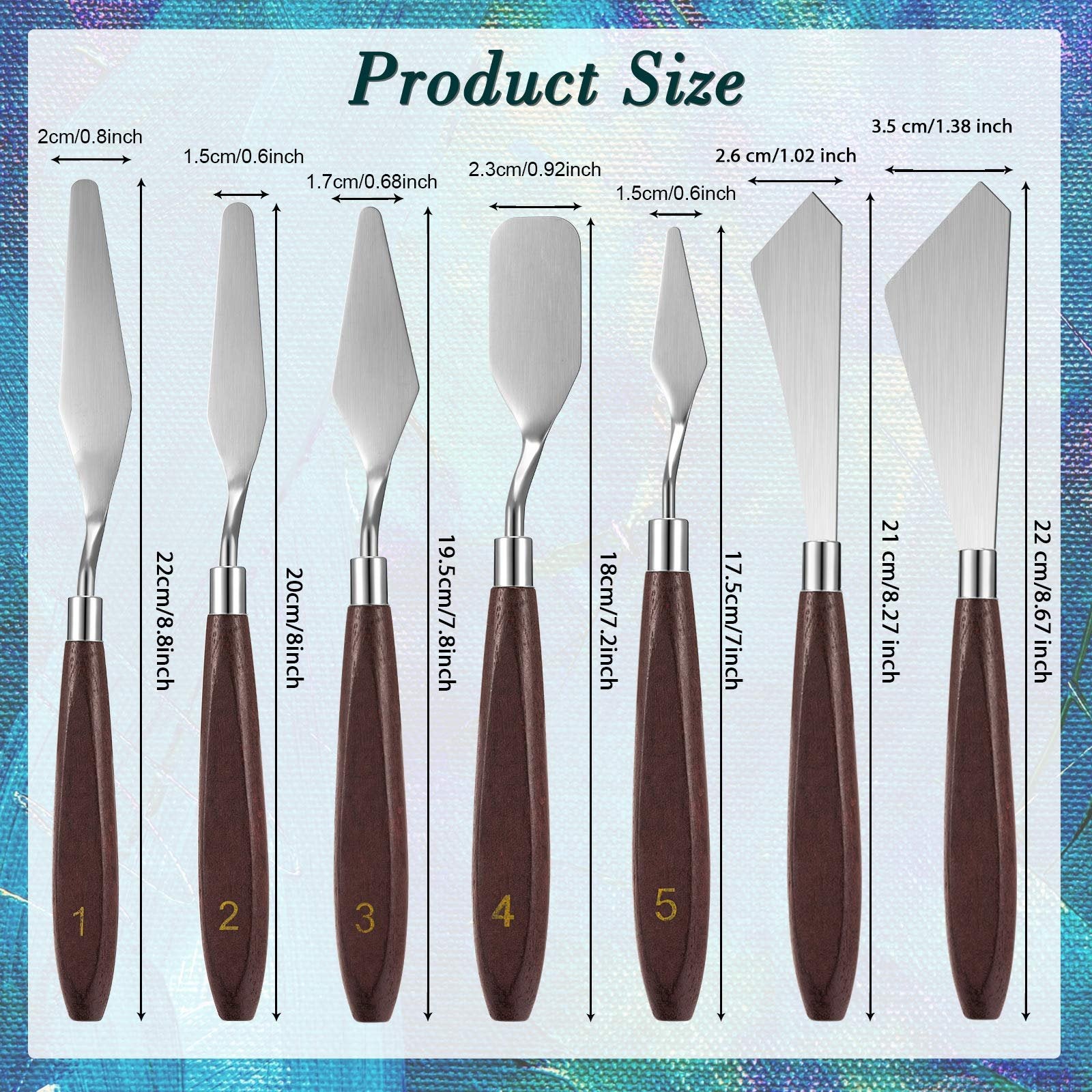 Seven palette knives with stainless steel blades and wooden handles, displayed with size dimensions in cm and inches.