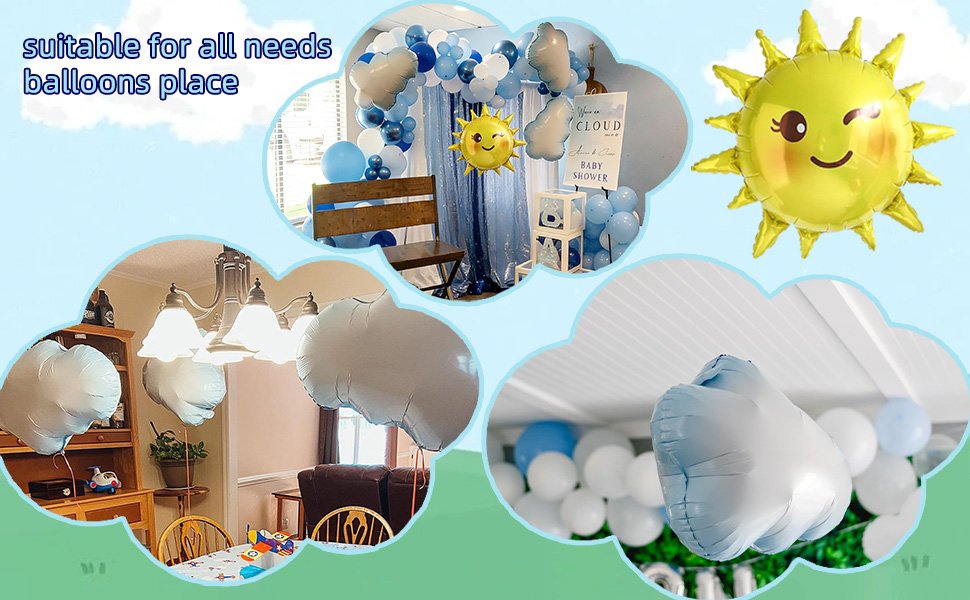 Collage of sun and cloud foil balloons used for party decorations, including a balloon arch and individual balloons in various settings.