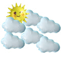 Set of 7 foil balloons, including one smiling sun and six light blue clouds, against a white background.