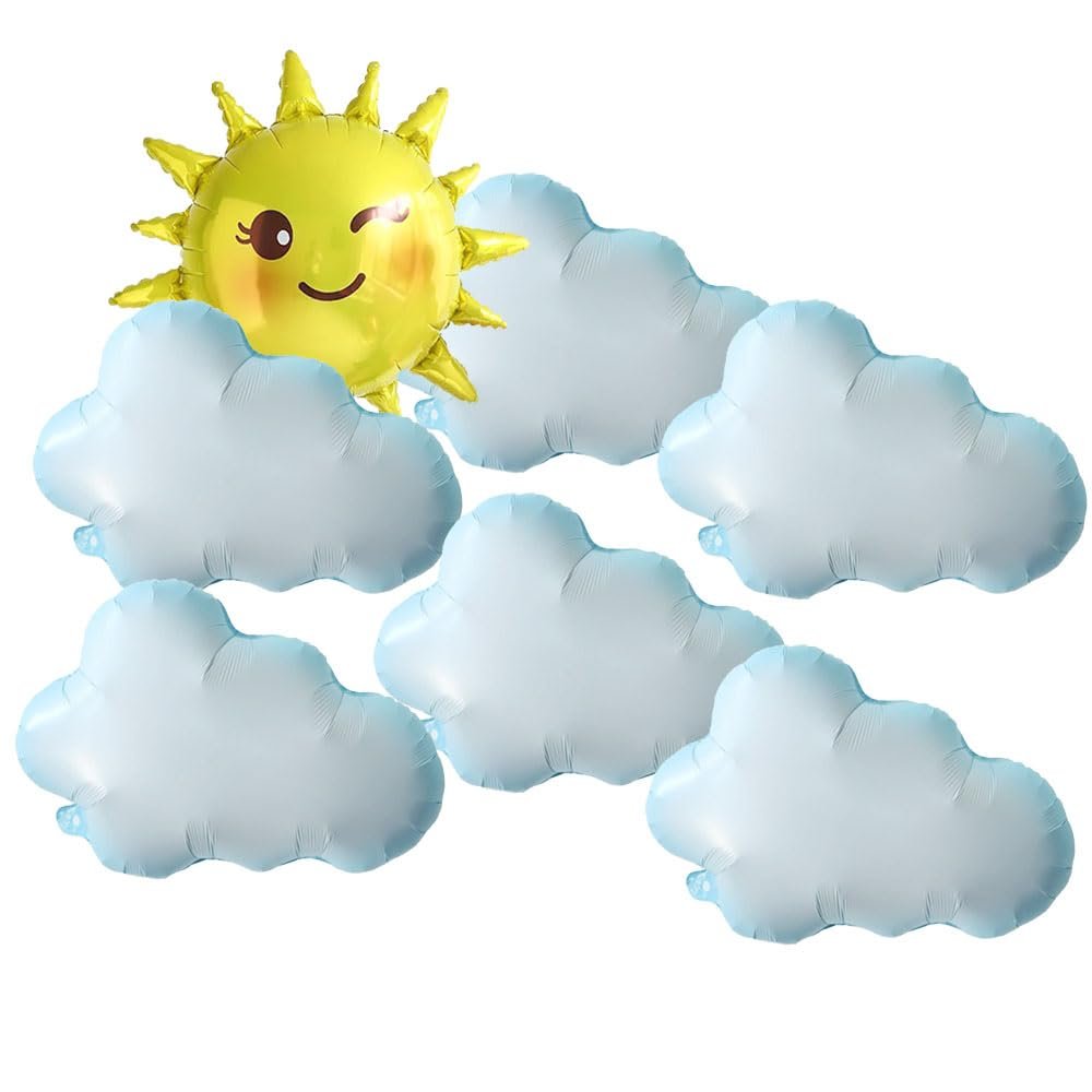 Set of 7 foil balloons, including one smiling sun and six light blue clouds, against a white background.