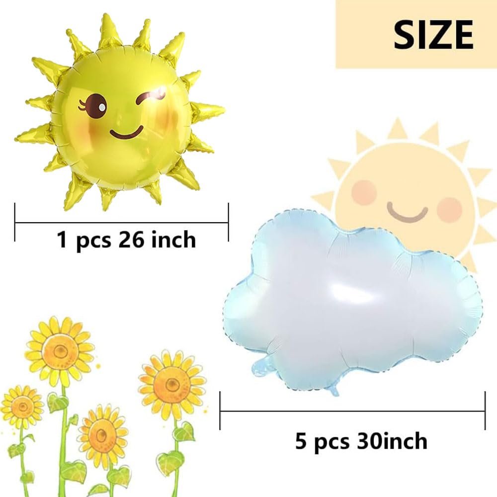 Foil balloons including a smiling sun and clouds, with sunflowers and size indicators.