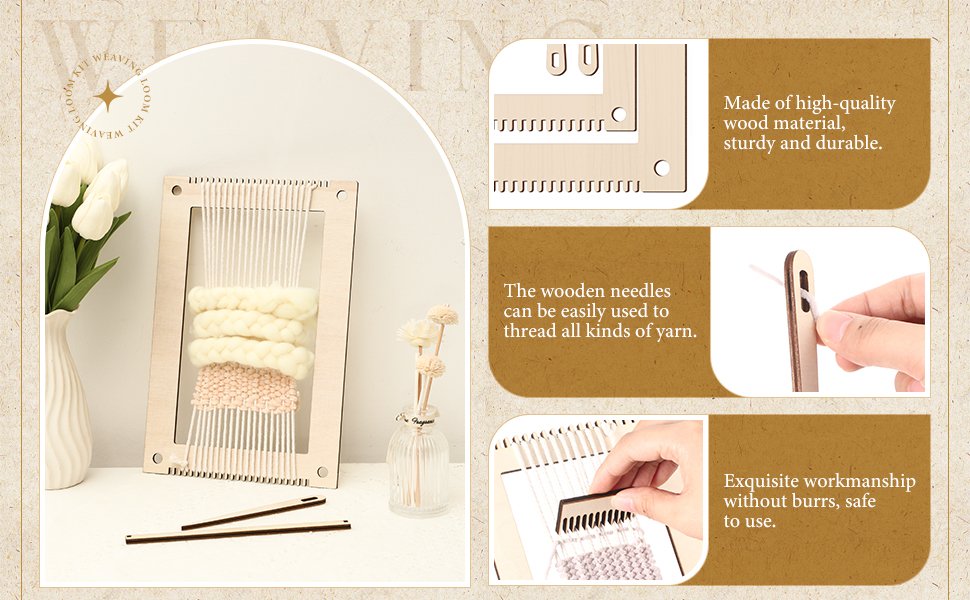 Wooden weaving loom kit with yarn partially woven, shown with decorative tulips and dried flowers.