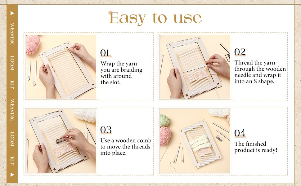 Four-panel graphic showing steps to use a wooden weaving loom kit with yarn and tools.