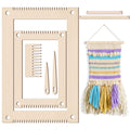 Wooden weaving loom kit with comb and needles, plus a finished woven wall hanging with colorful yarn tassels.