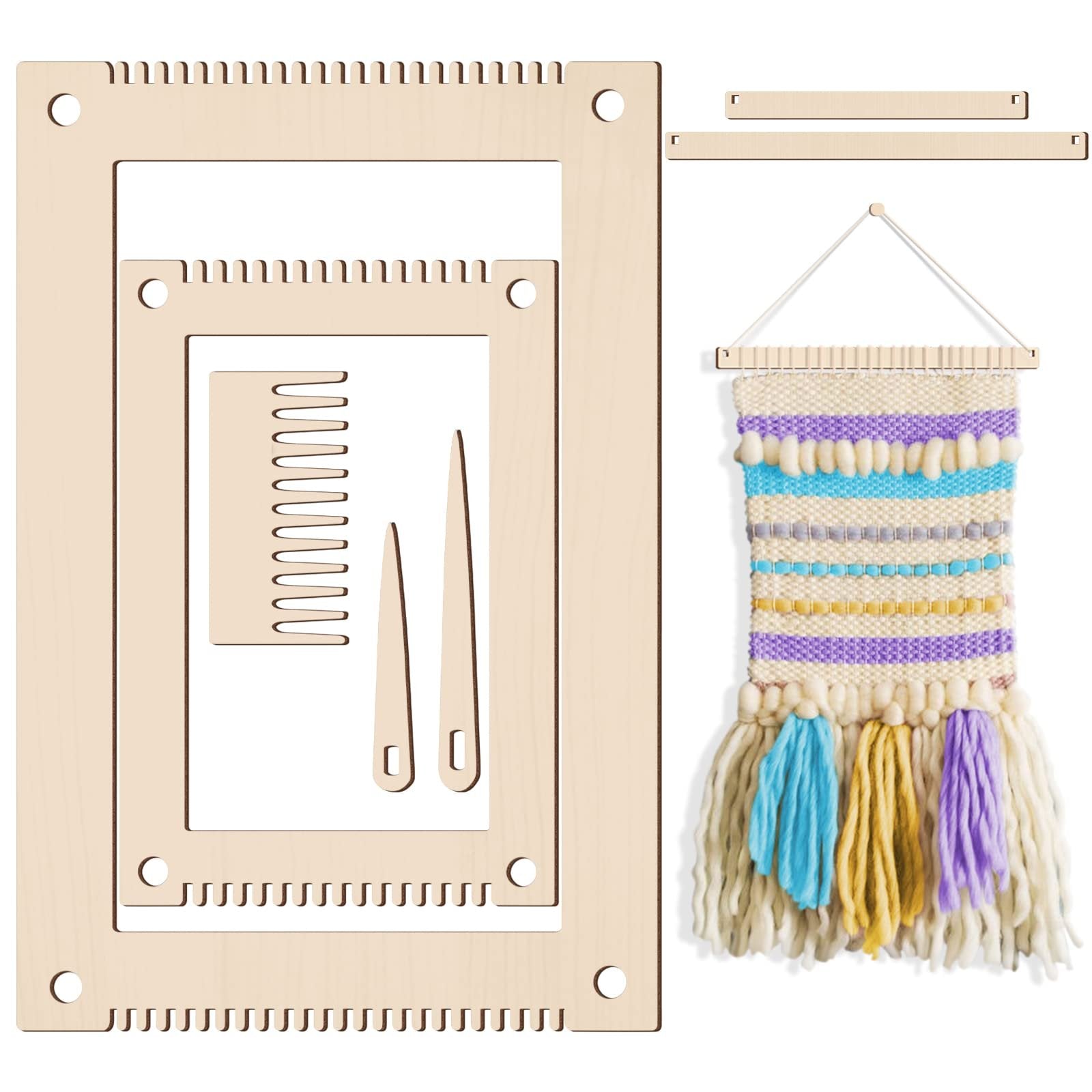 Wooden weaving loom kit with comb and needles, plus a finished woven wall hanging with colorful yarn tassels.