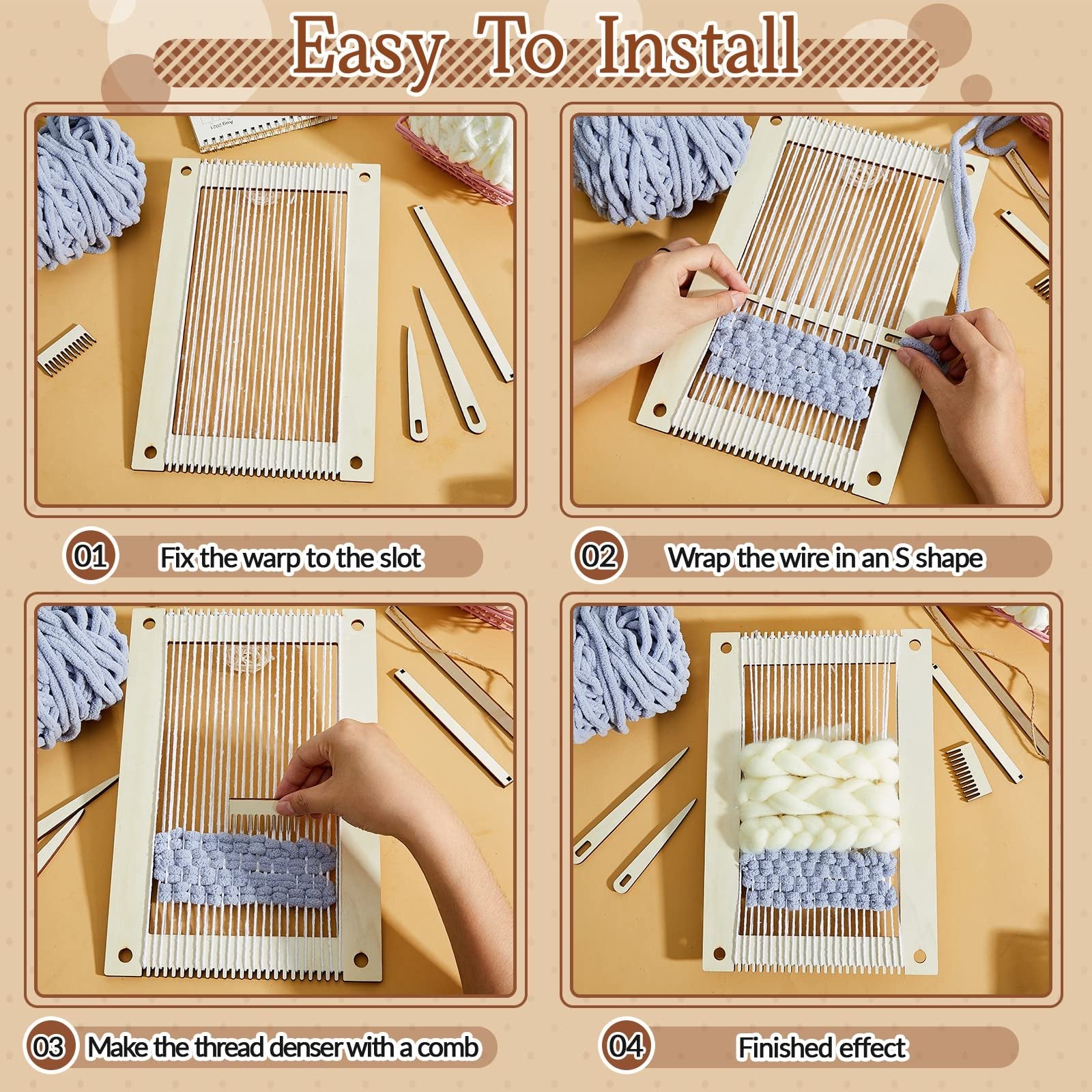 Four-panel instructional image showing how to use a wooden weaving loom kit, from setup to finished effect.
