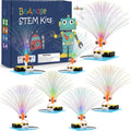 Seven fiber optic lamp STEM kits for kids, each with a battery pack and colorful fiber optic strands, displayed with the product box.