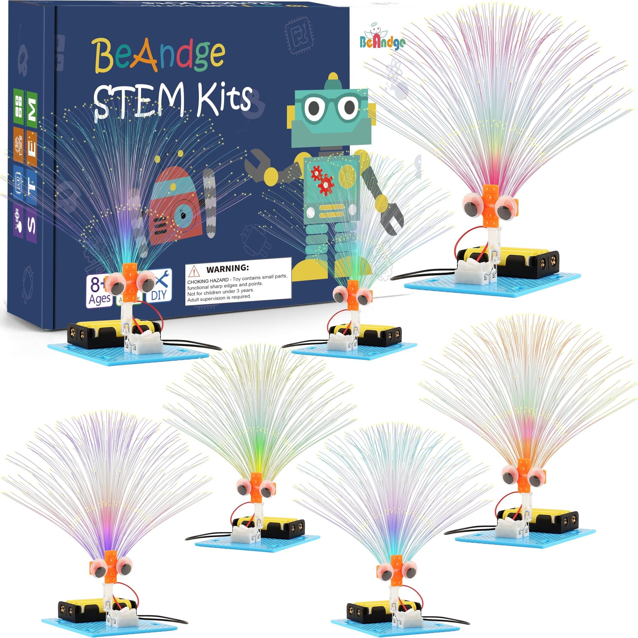 Seven fiber optic lamp STEM kits for kids, each with a battery pack and colorful fiber optic strands, displayed with the product box.