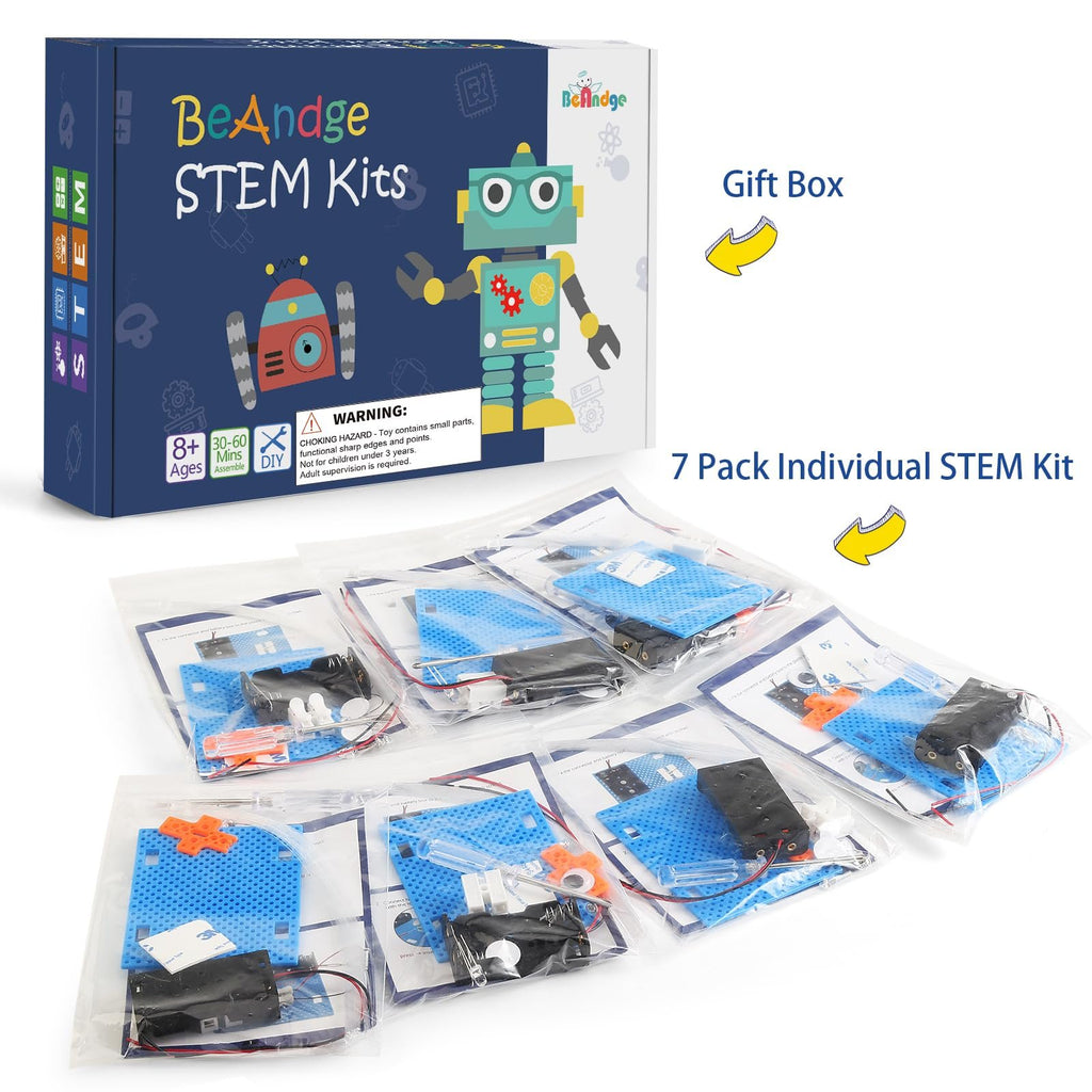 Boxed STEM kit and seven individual science circuit craft project kits laid out, showing components in plastic bags.
