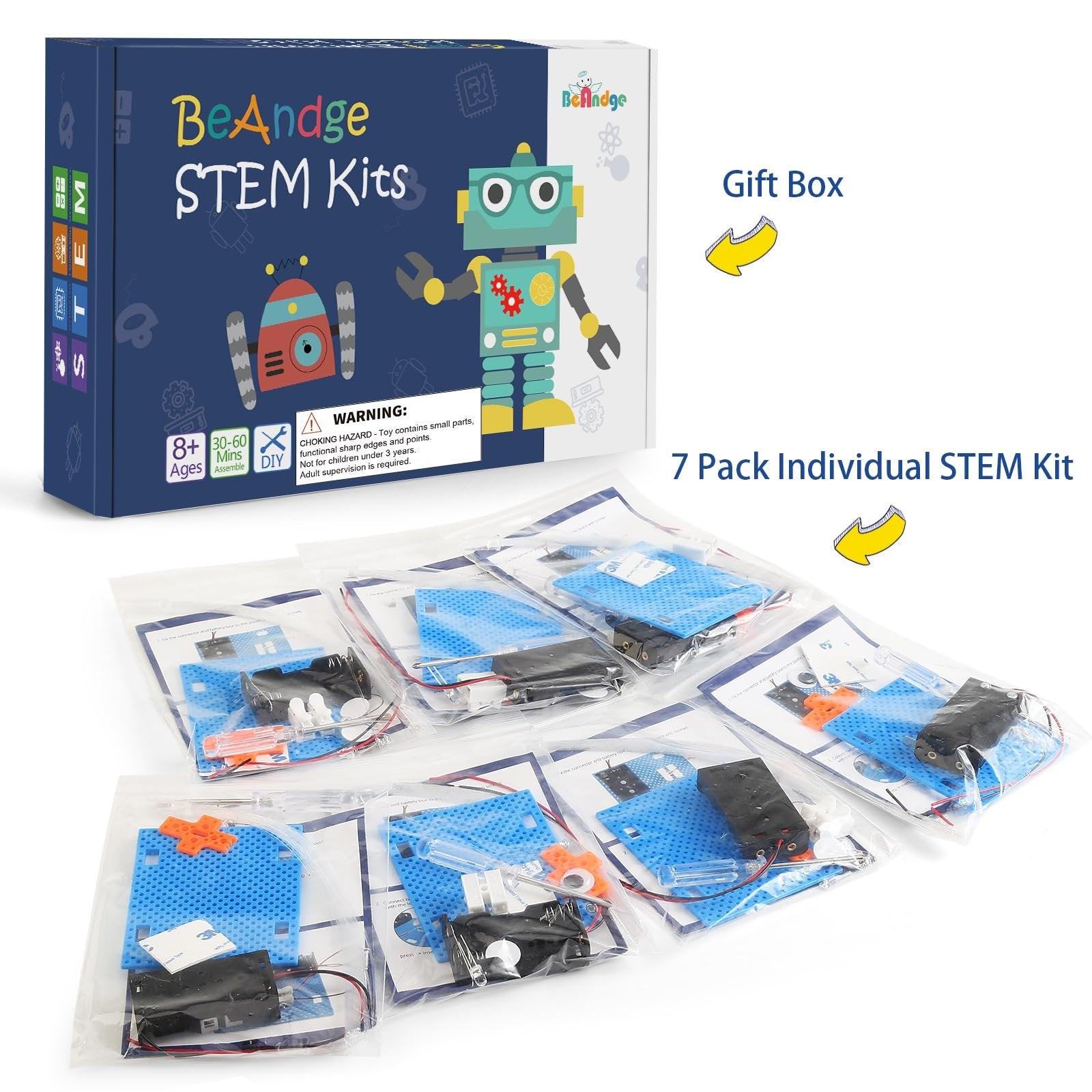 Boxed STEM kit and seven individual science circuit craft project kits laid out, showing components in plastic bags.