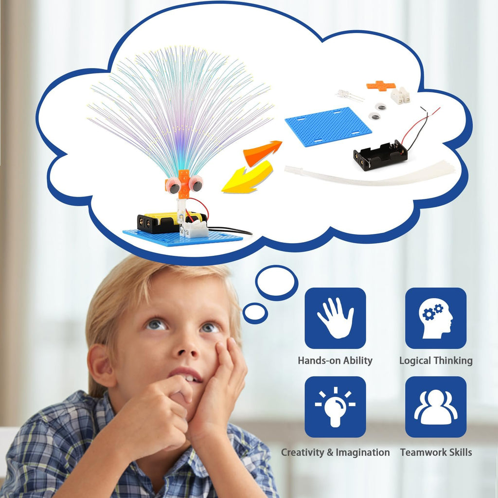 Boy looking up at a thought bubble showing a fiber optic lamp STEM kit and its components