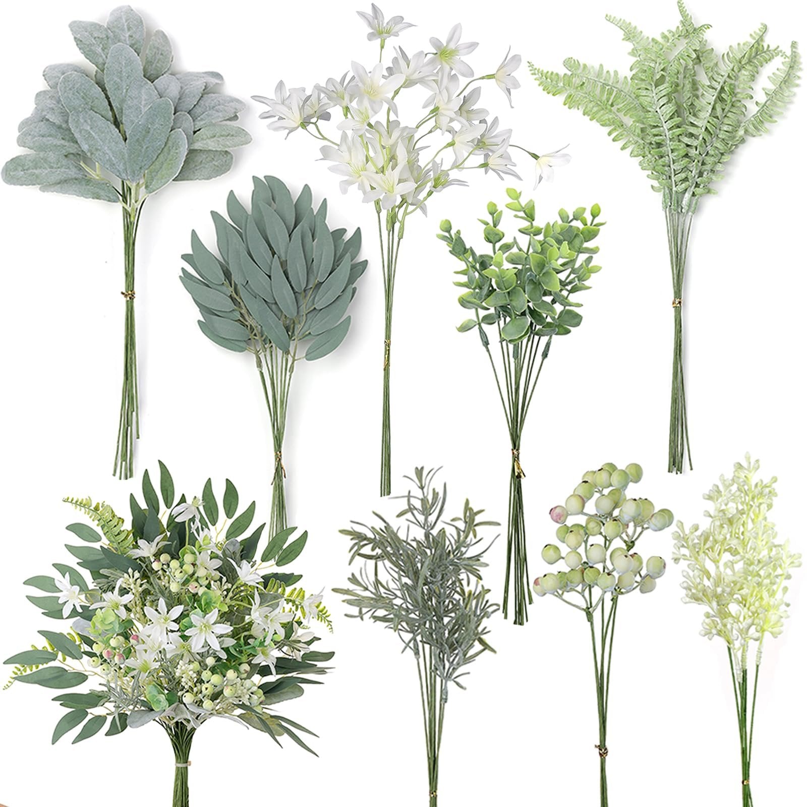 Collection of artificial greenery stems including eucalyptus, fern, lamb's ear, and rosemary on white background.