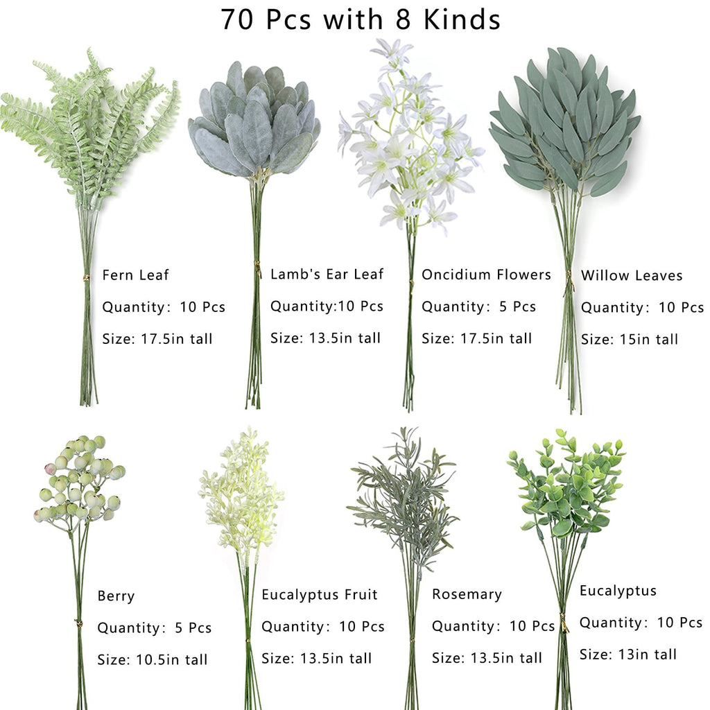 Eight types of artificial greenery stems including fern leaf, lamb's ear, oncidium flowers, willow leaves, berry, eucalyptus fruit, rosemary, and eucalyptus.