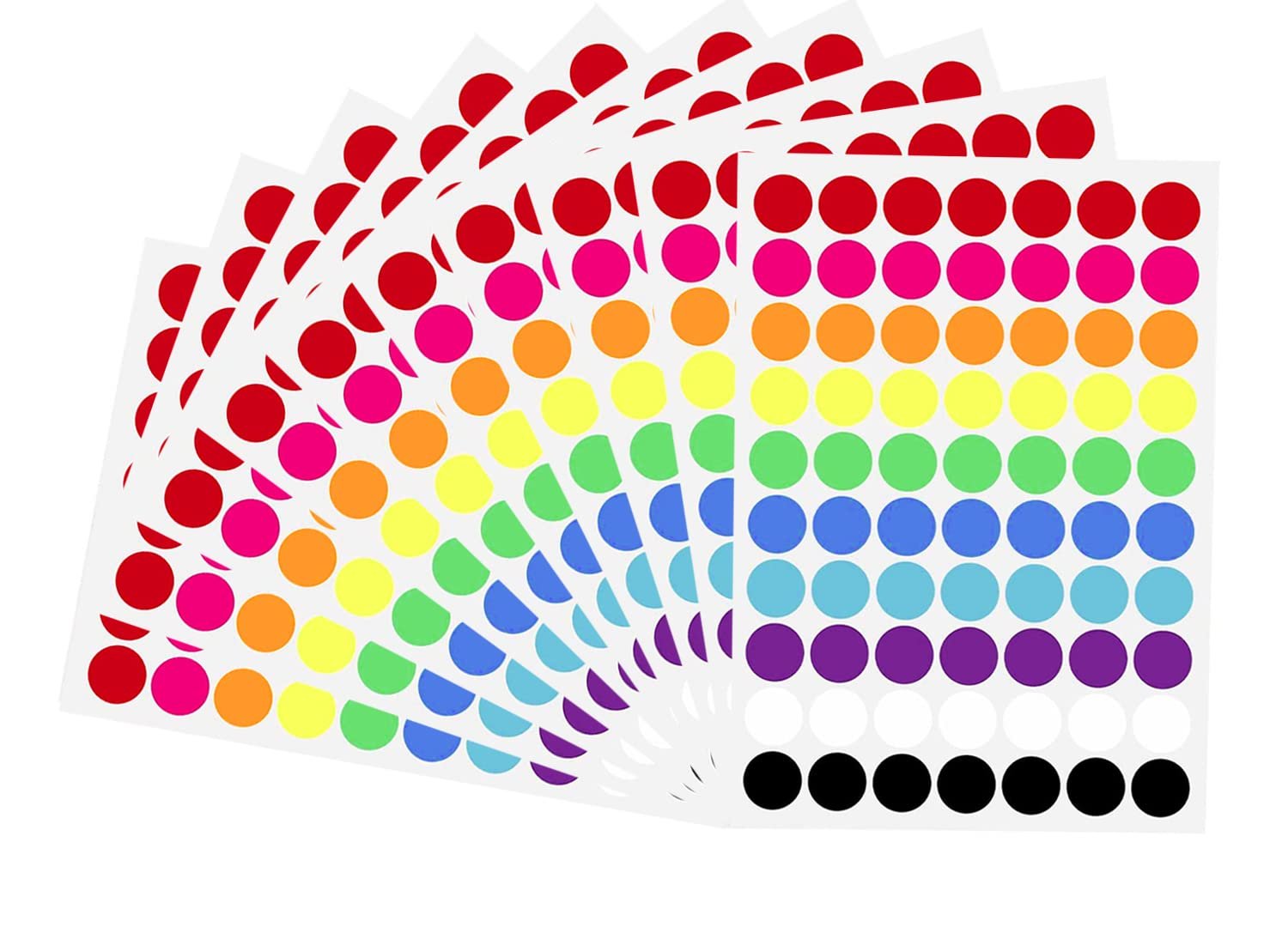 Fan of sheets of 3/4 inch round color coding dot stickers in assorted colors including red, pink, orange, yellow, green, blue, purple, white, and black.