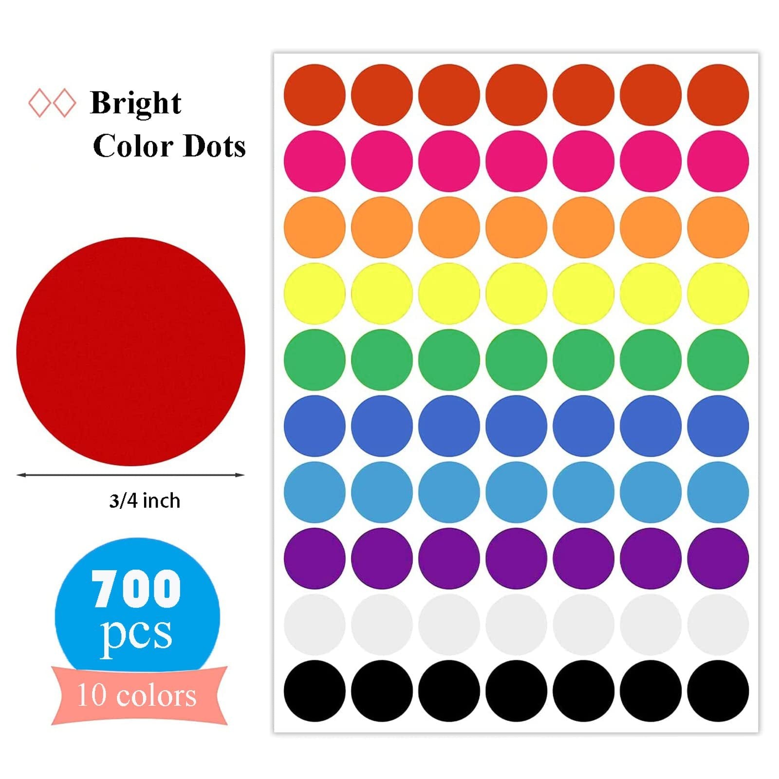 Sheet of 700 assorted color dot stickers, 3/4 inch size, with a single red sticker shown for scale.