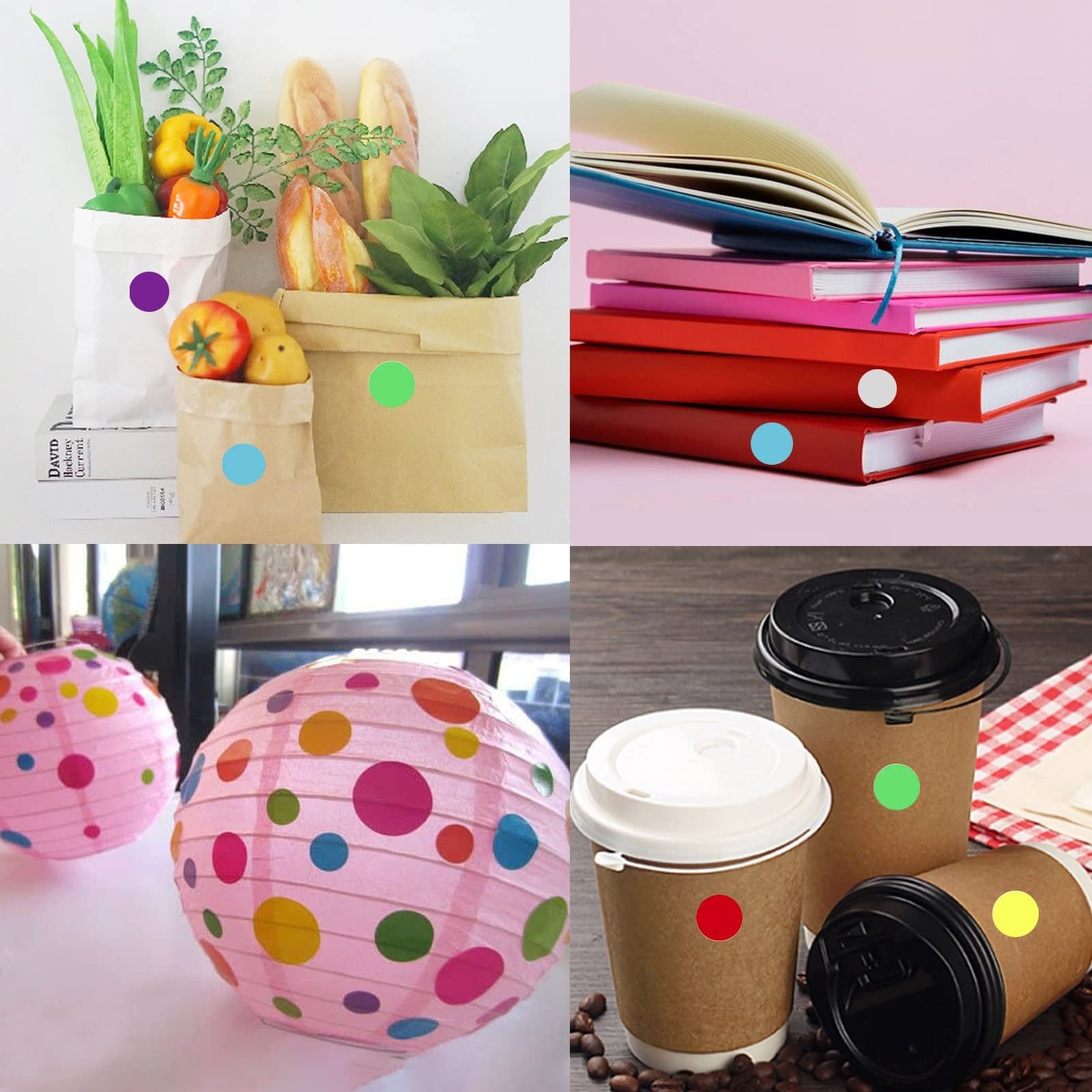 Collage of four scenes showing colorful dot stickers applied to various items like grocery bags, books, paper lanterns, and coffee cups.