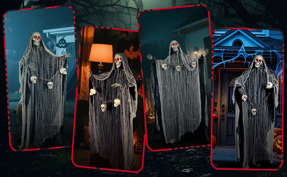 Four Halloween grim reaper decorations with LED eyes and skull chains displayed in different settings.