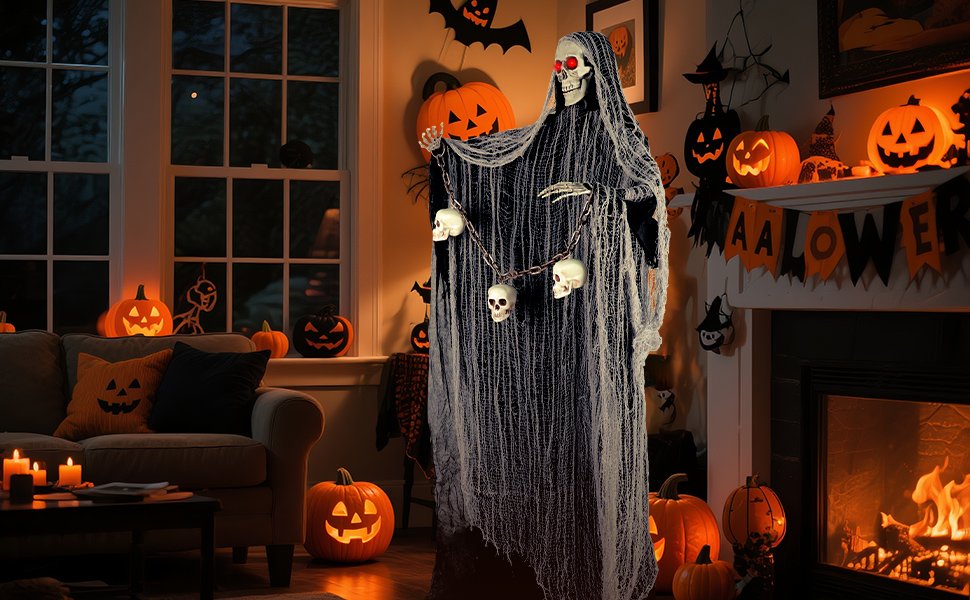 Halloween animatronic grim reaper with LED eyes and skull chain in a decorated living room